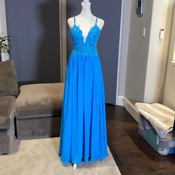 Women’s Blue Prom Party Dress Full Length with Leg Slit 4 **READ DESCRIPTION - Picture 1 of 10